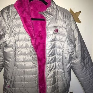 Grey/pink north face girls reversible jacket